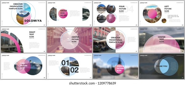 Minimal presentations design, portfolio vector templates with circle elements on white background. Multipurpose template for presentation slide, flyer leaflet, brochure cover, report, marketing.