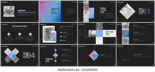 Minimal presentations design, portfolio vector templates with elements on black background. Multipurpose template for presentation slide, flyer leaflet, brochure cover, report, marketing, advertising.
