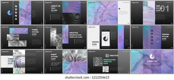 Minimal presentations design, portfolio vector templates with elements on black background. Multipurpose template for presentation slide, flyer leaflet, brochure cover, report, marketing, advertising.