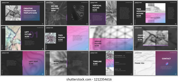 Minimal presentations design, portfolio vector templates with elements on black background. Multipurpose template for presentation slide, flyer leaflet, brochure cover, report, marketing, advertising.