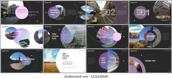 Minimal presentations design, portfolio vector templates with circle elements on black background. Multipurpose template for presentation slide, flyer leaflet, brochure cover, report, advertising.