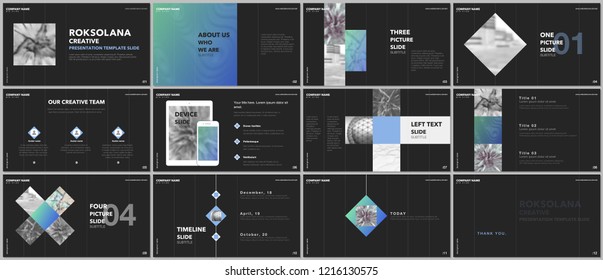 Minimal presentations design, portfolio vector templates with elements on black background. Multipurpose template for presentation slide, flyer leaflet, brochure cover, report, marketing, advertising.