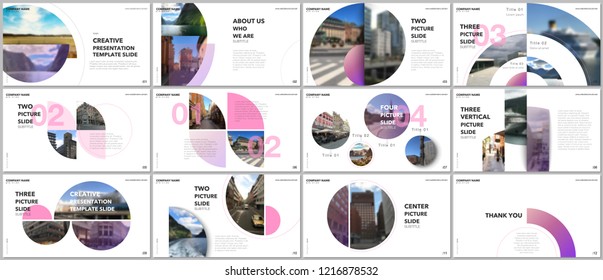 Minimal presentations design, portfolio vector templates with circle elements on white background. Multipurpose template for presentation slide, flyer leaflet, brochure cover, report, marketing.