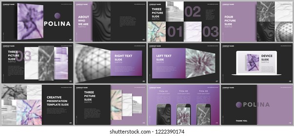 Minimal presentations design, portfolio vector templates with elements on black background. Multipurpose template for presentation slide, flyer leaflet, brochure cover, report, marketing, advertising.