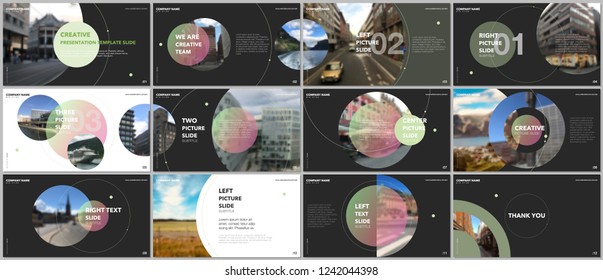 Minimal presentations design, portfolio vector templates with circle elements on black background. Multipurpose template for presentation slide, flyer leaflet, brochure cover, report, advertising.