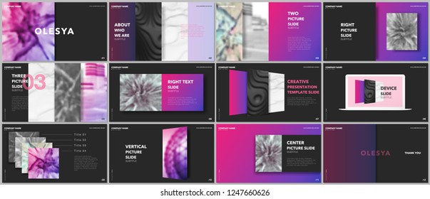 Minimal presentations design, portfolio vector templates with elements on black background. Multipurpose template for presentation slide, flyer leaflet, brochure cover, report, marketing, advertising.