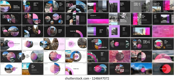 Minimal presentations design, portfolio vector templates with circle elements on black or white. Multipurpose template for presentation slide, flyer leaflet, brochure cover, report, advertising.