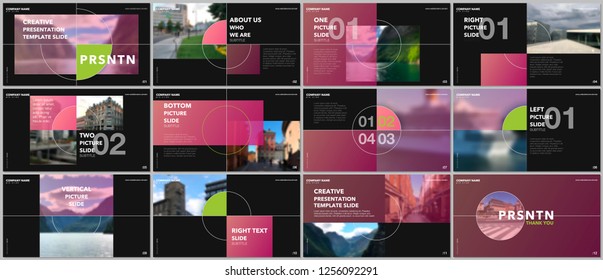 Minimal presentations design, portfolio vector templates with elements on black background. Multipurpose template for presentation slide, flyer leaflet, brochure cover, report, marketing, advertising