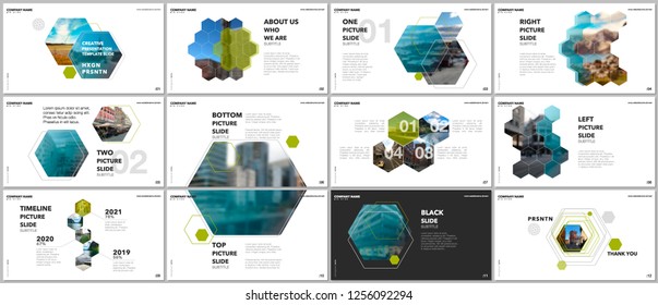 Diseño de presentaciones mínimas, modelos de portafolio vectoriales con hexagones y elementos hexagonales. Plantilla multiuso para presentación, folleto, portada de folleto, informe, marketing.