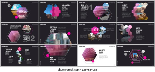 Minimal presentations design, portfolio vector templates with hexagons and hexagonal elements. Multipurpose template for presentation slide, flyer leaflet, brochure cover, report, advertising.