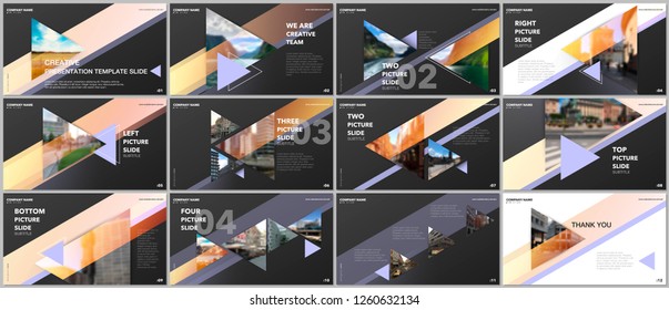 Minimal presentations design, portfolio vector templates with triangles and triangular elements. Multipurpose template for presentation slide, flyer leaflet, brochure cover, report, advertising.