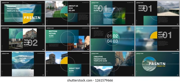 Minimal presentations design, portfolio vector templates with elements on black background. Multipurpose template for presentation slide, flyer leaflet, brochure cover, report, marketing, advertising.