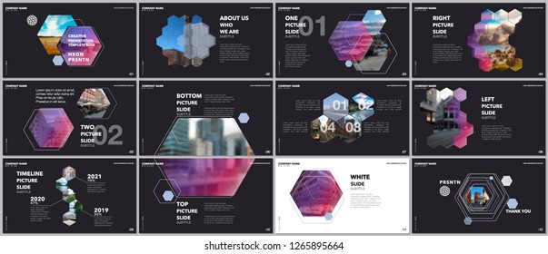 Minimal presentations design, portfolio vector templates with hexagons and hexagonal elements. Multipurpose template for presentation slide, flyer leaflet, brochure cover, report, advertising.