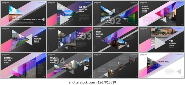 Minimal presentations design, portfolio vector templates with triangles and triangular elements. Multipurpose template for presentation slide, flyer leaflet, brochure cover, report, advertising.