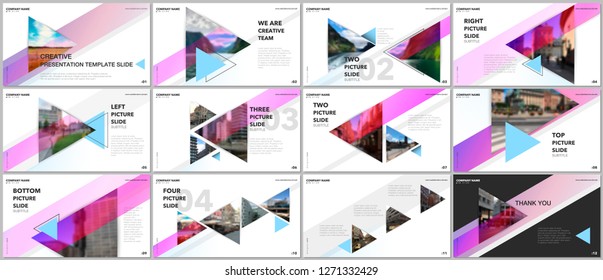 Minimal presentations design, portfolio vector templates with triangles and triangular elements. Multipurpose template for presentation slide, flyer leaflet, brochure cover, report, advertising.