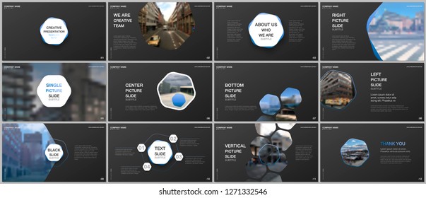 Minimal presentations design, portfolio vector templates with hexagons and hexagonal elements. Multipurpose template for presentation slide, flyer leaflet, brochure cover, report, advertising.