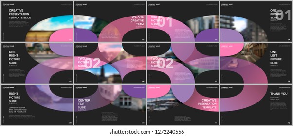 Minimal presentations design, portfolio vector templates with circle elements on black background. Multipurpose template for presentation slide, flyer leaflet, brochure cover, report, advertising.