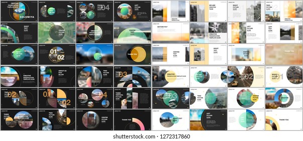 Minimal presentations design, portfolio vector templates with circle elements on black or white. Multipurpose template for presentation slide, flyer leaflet, brochure cover, report, advertising.