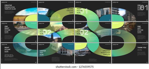 Minimal presentations design, portfolio vector templates with circle elements on black background. Multipurpose template for presentation slide, flyer leaflet, brochure cover, report, advertising.