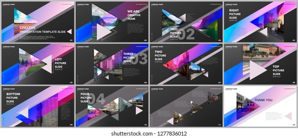 Minimal presentations design, portfolio vector templates with triangles and triangular elements. Multipurpose template for presentation slide, flyer leaflet, brochure cover, report, advertising.