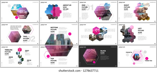 Minimal presentations design, portfolio vector templates with hexagons and hexagonal elements. Multipurpose template for presentation slide, flyer leaflet, brochure cover, report, advertising.