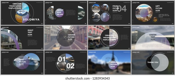 Minimal presentations design, portfolio vector templates with circle elements on black background. Multipurpose template for presentation slide, flyer leaflet, brochure cover, report, advertising.