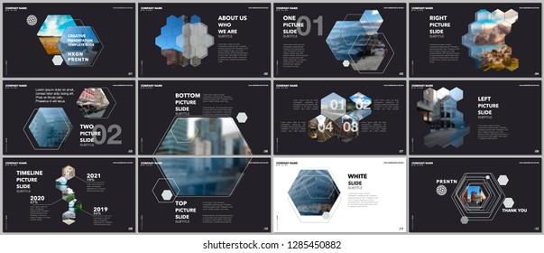 Minimal presentations design, portfolio vector templates with hexagons and hexagonal elements. Multipurpose template for presentation slide, flyer leaflet, brochure cover, report, advertising.
