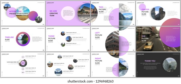 Minimal presentations design, portfolio vector templates with pink colorful circle elements on white background. Multipurpose template for presentation slide, flyer leaflet, brochure cover, report.