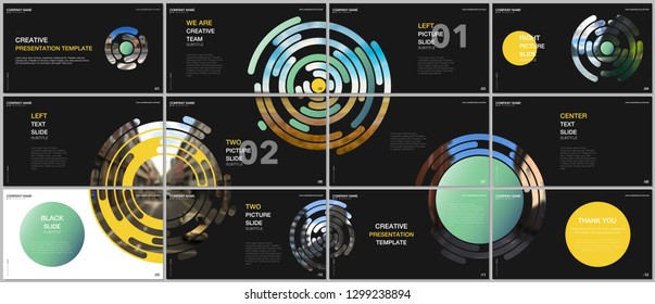 Minimal presentations design, portfolio vector templates with colorful green circle elements on black background. Multipurpose template for presentation slide, flyer leaflet, brochure cover, report.