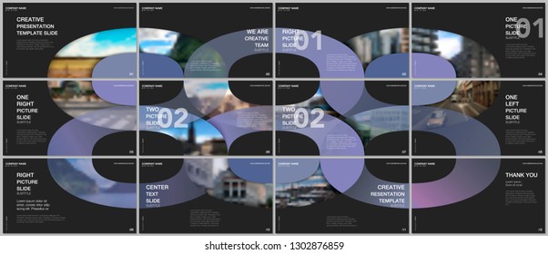 Minimal presentations design, portfolio vector templates with circle elements on black background. Multipurpose template for presentation slide, flyer leaflet, brochure cover, report, advertising.