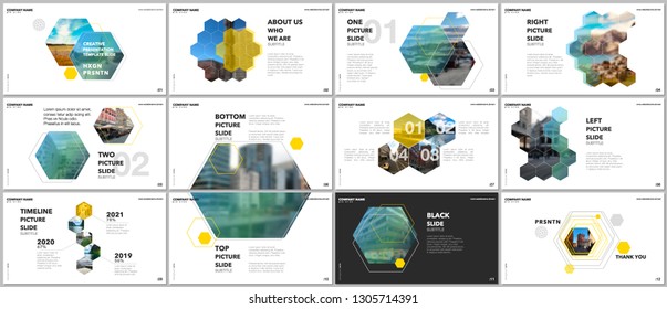 Minimal presentations design, portfolio vector templates with hexagons and hexagonal elements. Multipurpose template for presentation slide, flyer leaflet, brochure cover, report, advertising.