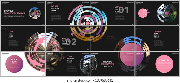 Minimal presentations design, portfolio vector templates with gray colorful circle elements on black background. Multipurpose template for presentation slide, flyer leaflet, brochure cover, report.