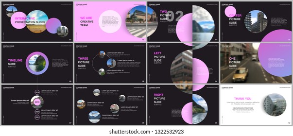 Minimal presentations design, portfolio vector templates with pink colorful circle elements on black background. Multipurpose template for presentation slide, flyer leaflet, brochure cover, report
