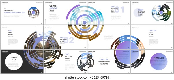 Minimal presentations design, portfolio vector templates with blue colorful circle elements on white background. Multipurpose template for presentation slide, flyer leaflet, brochure cover, report