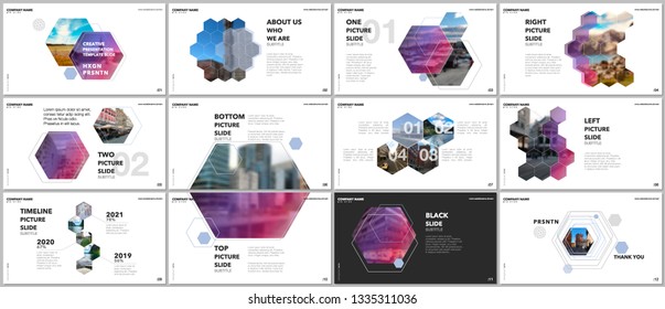 Minimal presentations design, portfolio vector templates with hexagons and hexagonal elements. Multipurpose template for presentation slide, flyer leaflet, brochure cover, report, advertising.