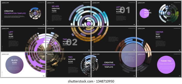 Minimal presentations design, portfolio vector templates with colorful purple circle elements on black background. Multipurpose template for presentation slide, flyer leaflet, brochure cover, report.