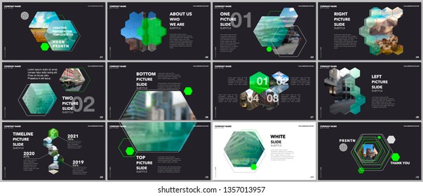 Diseño de presentaciones mínimas, modelos de portafolio vectoriales con hexagones y elementos hexagonales. Plantilla multiuso para presentación, folleto, portada de folleto, informe, publicidad.