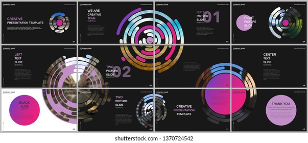 Minimal presentations design, portfolio vector templates with pink colorful circle elements on black background. Multipurpose template for presentation slide, flyer leaflet, brochure cover, report.