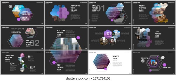 Minimal presentations design, portfolio vector templates with hexagons and hexagonal elements. Multipurpose template for presentation slide, flyer leaflet, brochure cover, report, advertising.