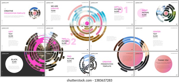 Minimal presentations design, portfolio vector templates with pink colorful circle elements on white background. Multipurpose template for presentation slide, flyer leaflet, brochure cover, report