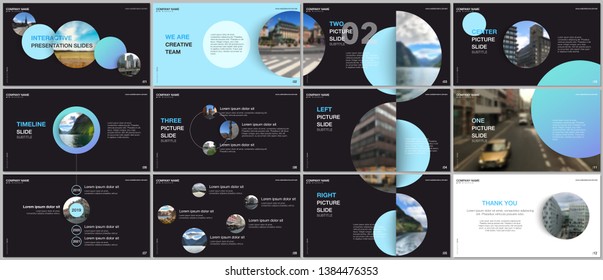 Minimal presentations design, portfolio vector templates with blue colorful circle elements on black background. Multipurpose template for presentation slide, flyer leaflet, brochure cover, report
