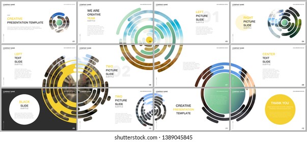 Minimal presentations design, portfolio vector templates with green colorful circle elements on white background. Multipurpose template for presentation slide, flyer leaflet, brochure cover, report.