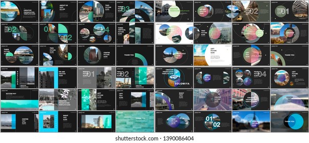 Minimal presentations design, portfolio vector templates with circle elements on black or white. Multipurpose template for presentation slide, flyer leaflet, brochure cover, report, advertising.