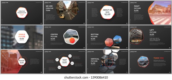 Minimal presentations design, portfolio vector templates with hexagons and hexagonal elements. Multipurpose template for presentation slide, flyer leaflet, brochure cover, report, advertising.