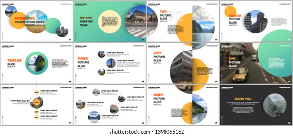 Minimal presentations design, portfolio vector templates with green colorful circle elements on white background. Multipurpose template for presentation slide, flyer leaflet, brochure cover, report