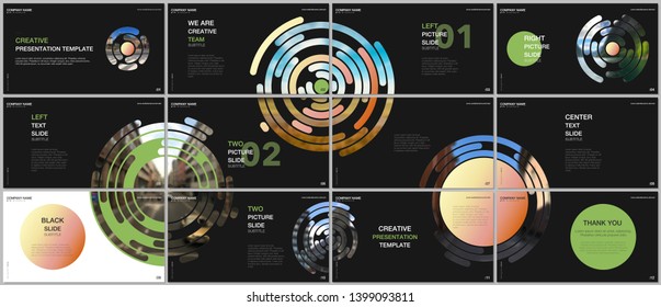 Minimal presentations design, portfolio vector templates with yellow colorful circle elements on black background. Multipurpose template for presentation slide, flyer leaflet, brochure cover, report.