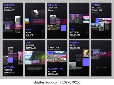 Minimal presentations design, portfolio vector templates with elements on black background. Multipurpose template for presentation slide, flyer leaflet, brochure cover, report, marketing, advertising.