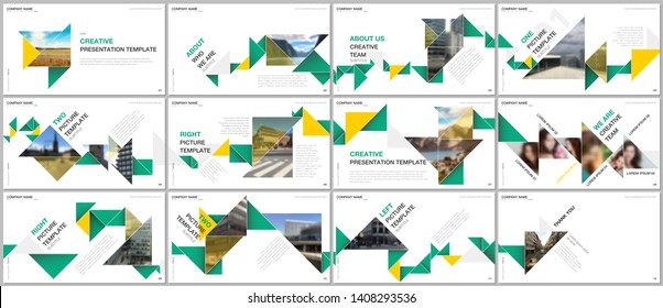 Minimal presentations design, portfolio vector templates with colorful triangle origami paper elements. Multipurpose template for presentation slide, flyer leaflet, brochure cover, report, marketing.