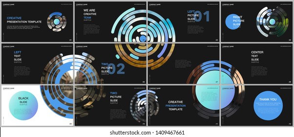 Minimal presentations design, portfolio vector templates with colorful circle blue elements on black background. Multipurpose template for presentation slide, flyer leaflet, brochure cover, report.