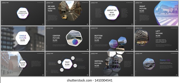 Minimal presentations design, portfolio vector templates with hexagons and hexagonal elements. Multipurpose template for presentation slide, flyer leaflet, brochure cover, report, advertising.